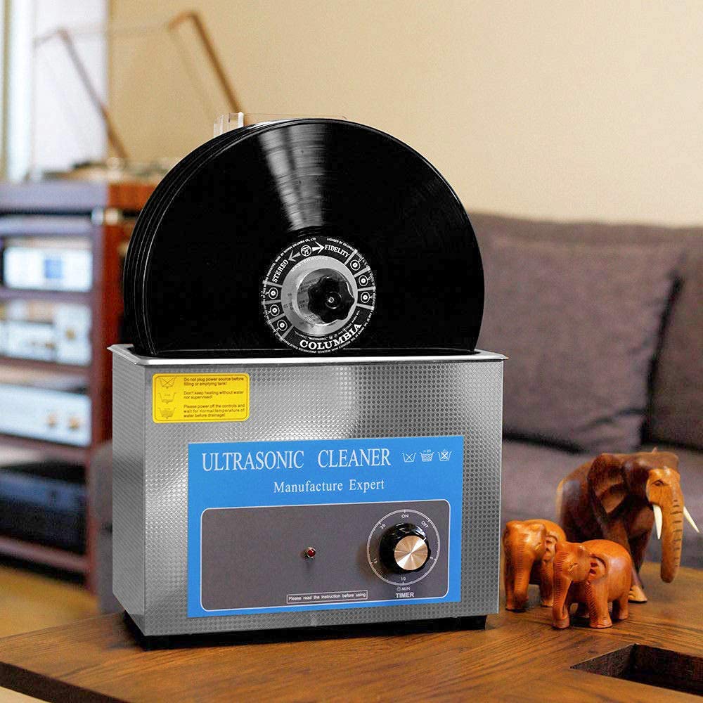 Pulitore a ultrasuoni per dischi in vinile: lava 6 dischi contemporaneamente, timer regolabile 0-20 minuti, ripiano sollevabile e supporto per asciugatura per una pulizia profonda
