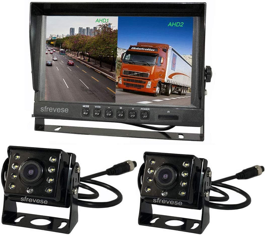 9" 4Pin IPS HD SD DVR Recording 2CH Split Car Rear View Monitor + 2X AHD 1080P Reversing Backup Camera for Bus Long Truck Vehicle Waterproof 12V-24V