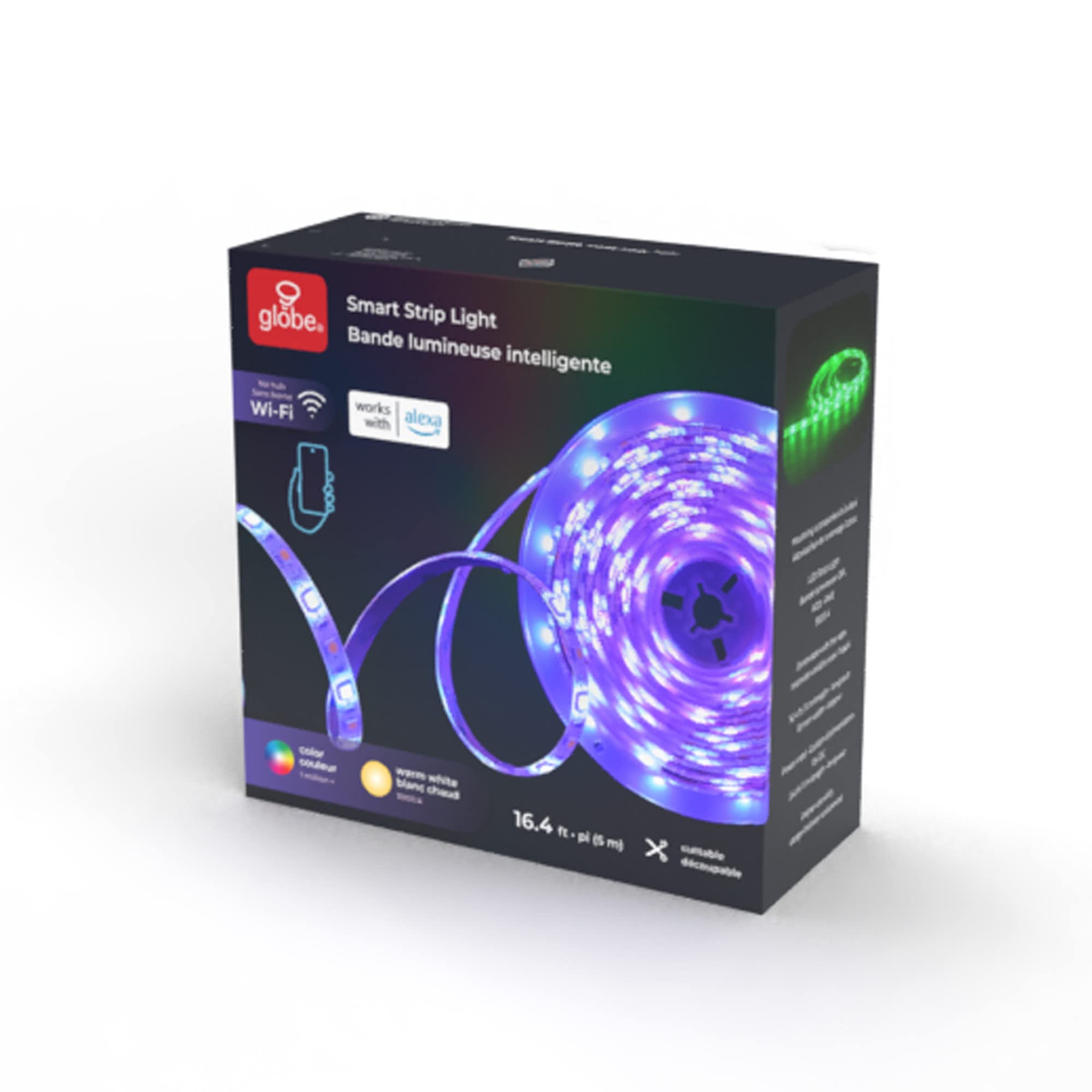 Globe Electric 50584 Wi-Fi Smart LED Strip Light, 2.4Ghz WiFi, 16.4 Feet, Multicolor Changing RGB, Warm White 3000 Kelvin Bendable, Cuttable, Works with Alexa Only, Home Automation, Smart Home