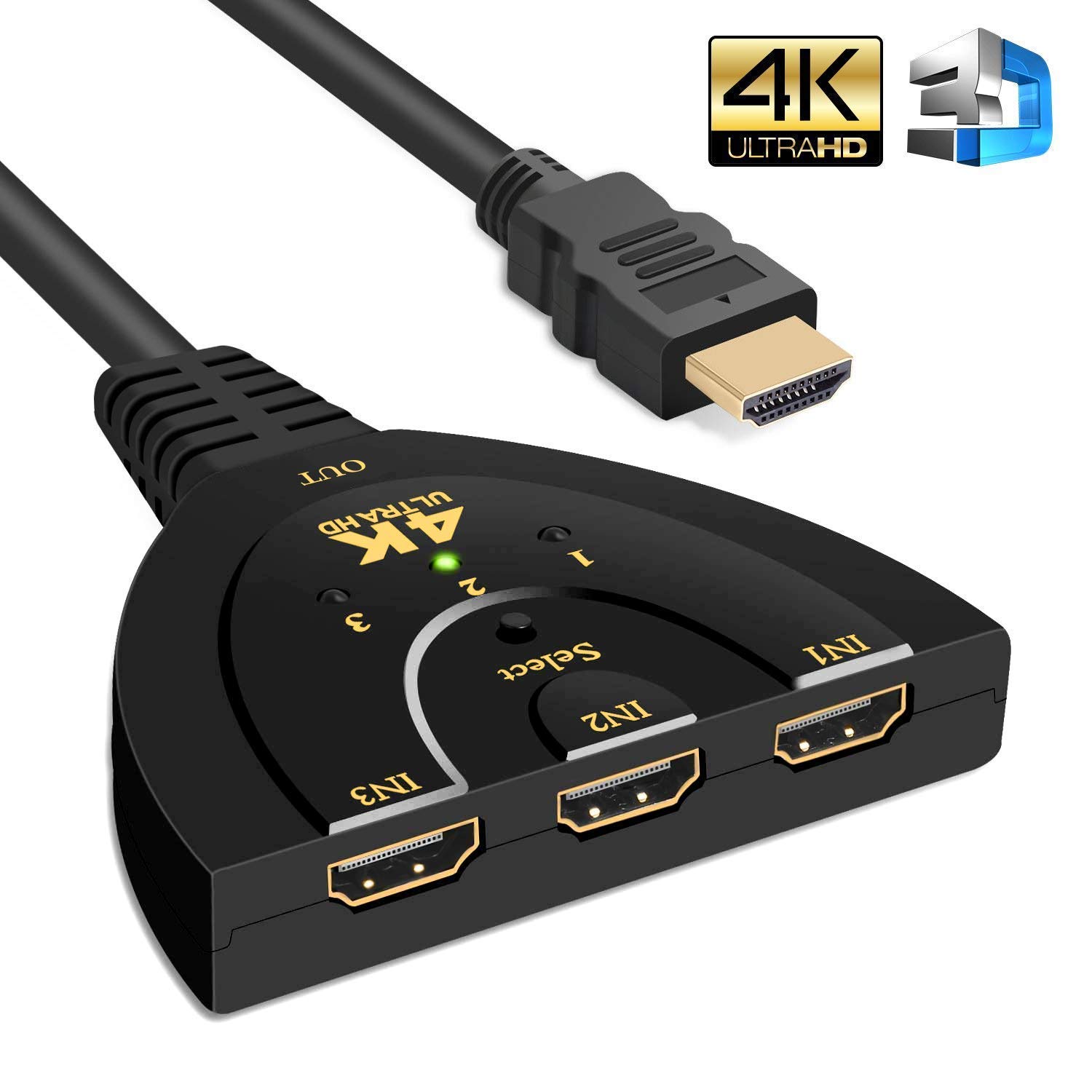 ESnipe Mart® 3 Port HDMI 4 K 1.4V Version Switch Splitter with Pigtail Cable for Fire Stick, Xbox One, PS3, 4, TV (Black)