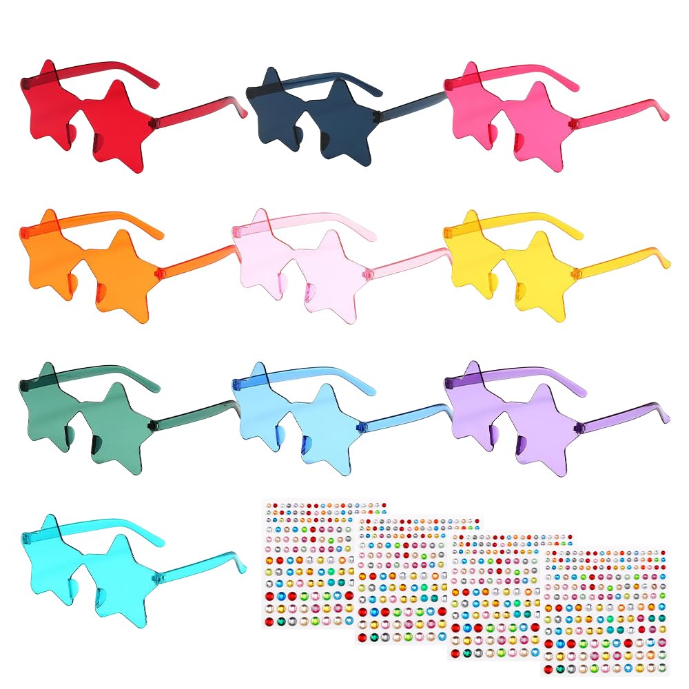 ZestCraft 10 Pack Rimless Star Sunglasses, DIY Kit with Gem Stickers