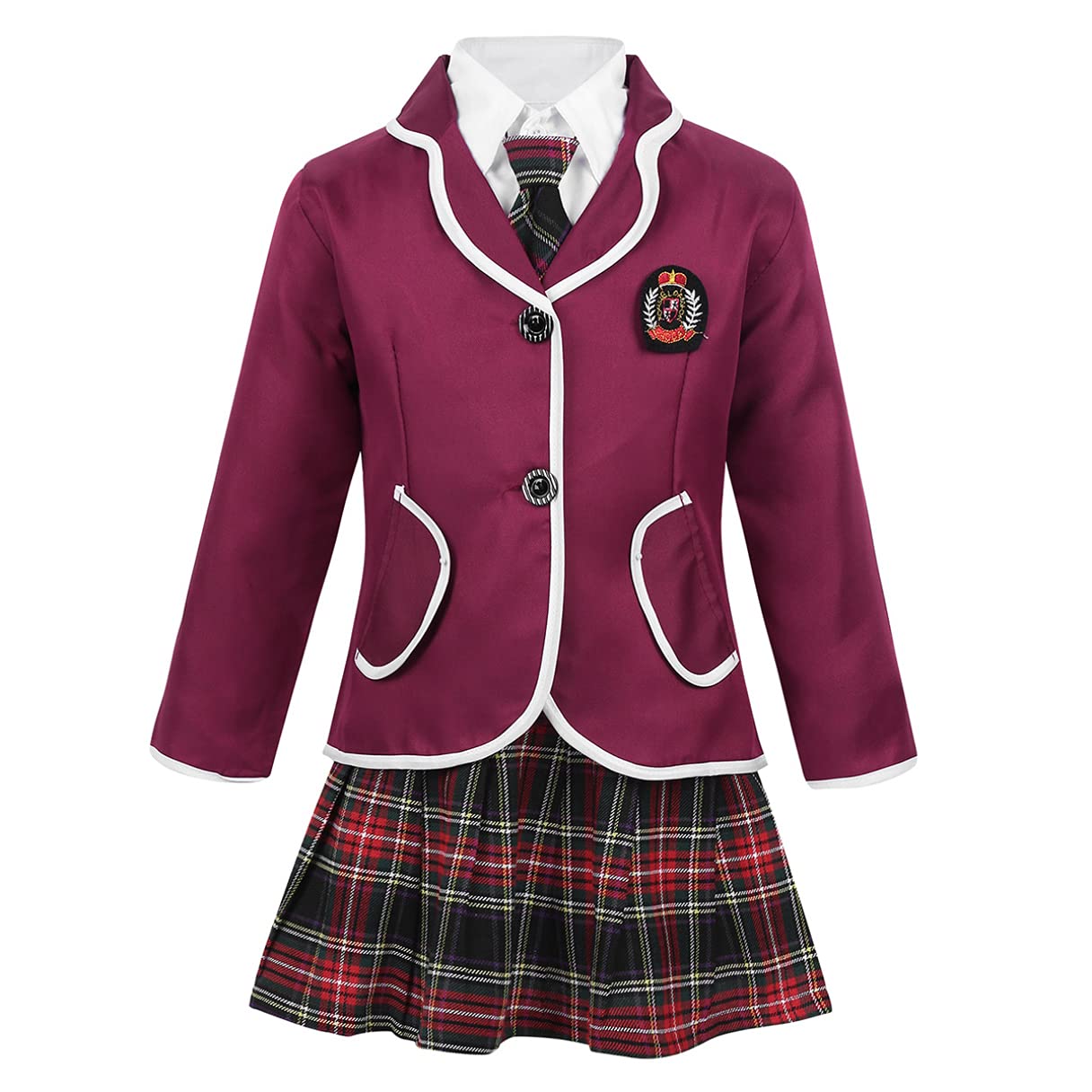 MSemis Disfraz Colegiala para Niñas Uniforme Escola Japonesa Conjuntos Niña 4 Pcs Chaqueta+Cmiseta Manga Larga+Falda Cuadro+Corbata
