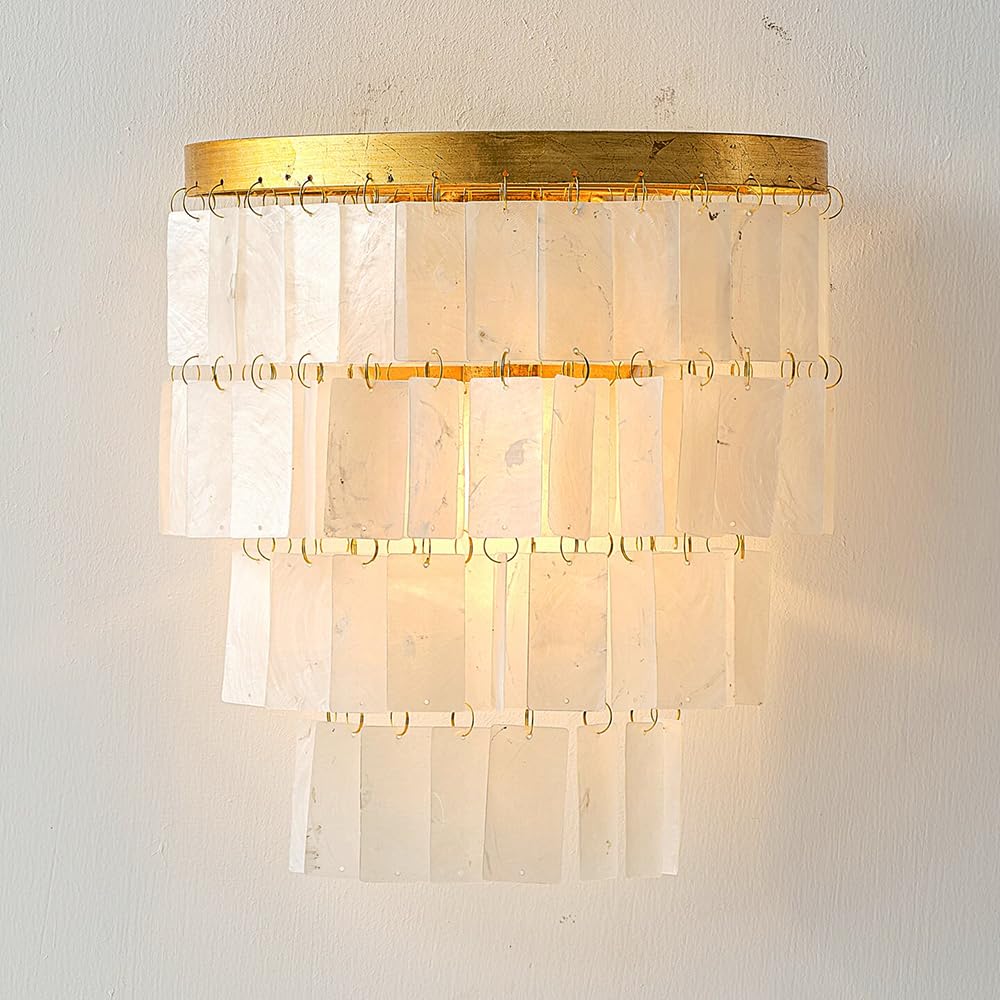 OZBMA American Bedroom Sconces Wall Decor Unique Natural Shells Light Fixtures Farmhouse Wall-Mount Lighting Vanity Lanterns Antique Atmosphere Sconce Indoor Fixture Gold Lamp Holder