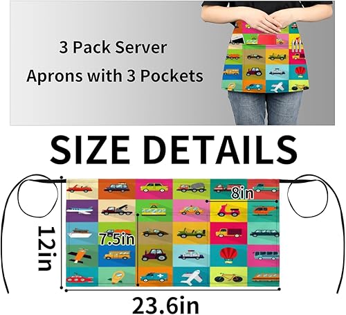 Miniatura 4 de KOBLEN Paquete de 3 delantales con diseño de caricaturas, con 3 bolsillos, impermeables, de media cintura, para cocinar, lavar platos, cocina,