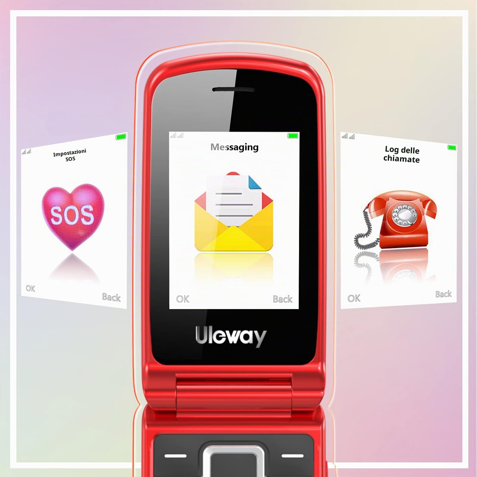 CHAKEYAKE Telefono per anziani senza contratto, cellulare pieghevole con tasti grandi, doppio display 2,4 pollici, pulsante SOS, torcia