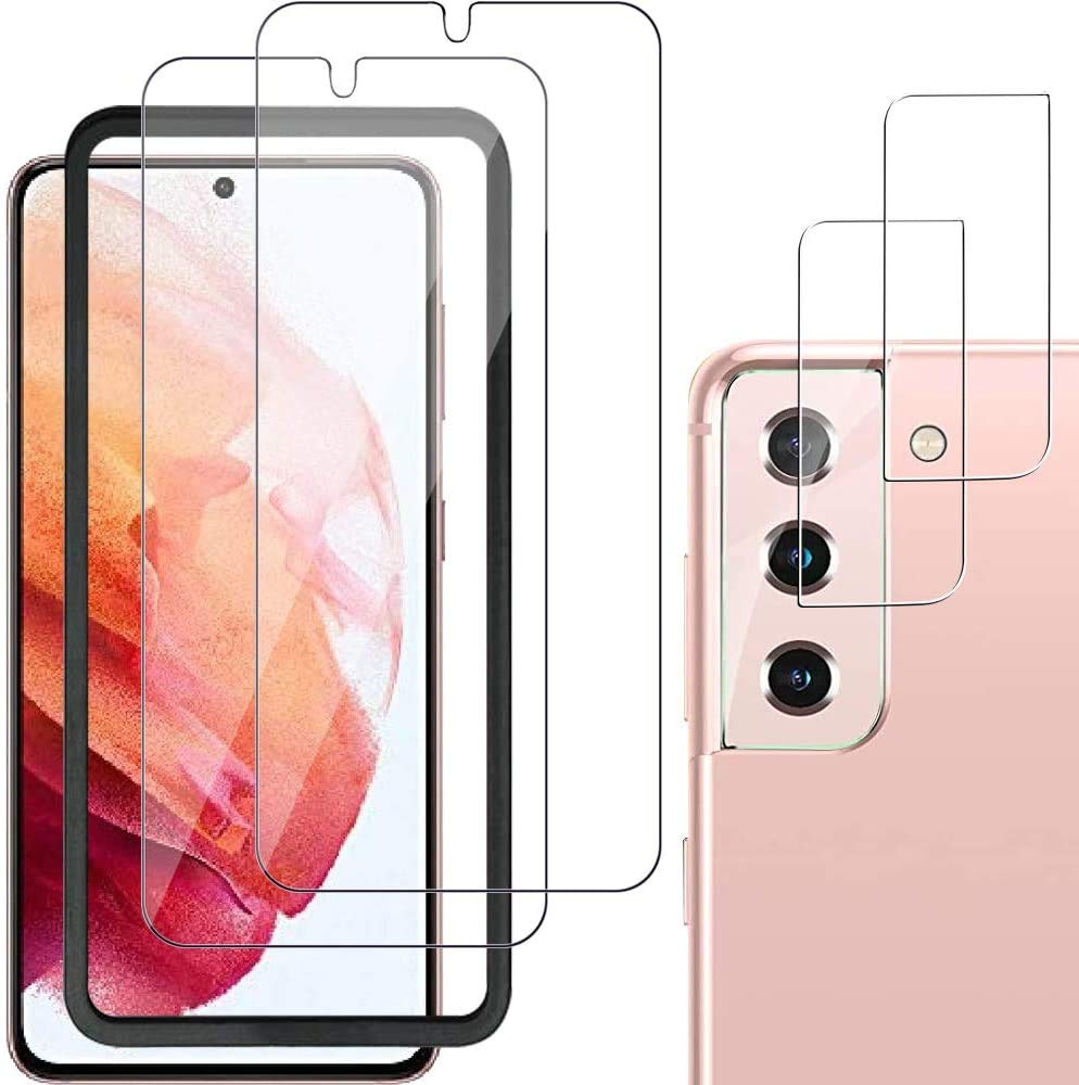 YoYoTech (2+2 Pack) 2 Pack High Definition Tempered Glass Screen Protector (with Auto Alignment Frame) + 2 Pack Camera Lens Protector Guard Designed for Samsung Galaxy S21 Plus