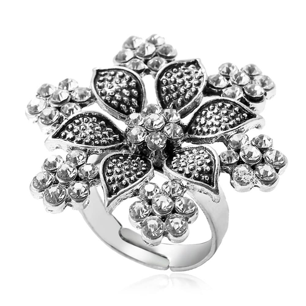 Anello vintage a forma di foglia di fiore turchese per donne e ragazze, placcato argento ossidato nero Cz Boho in filigrana larga fascia, comodo, gioielli di compleanno di nozze Bollywood, 7, Metallo
