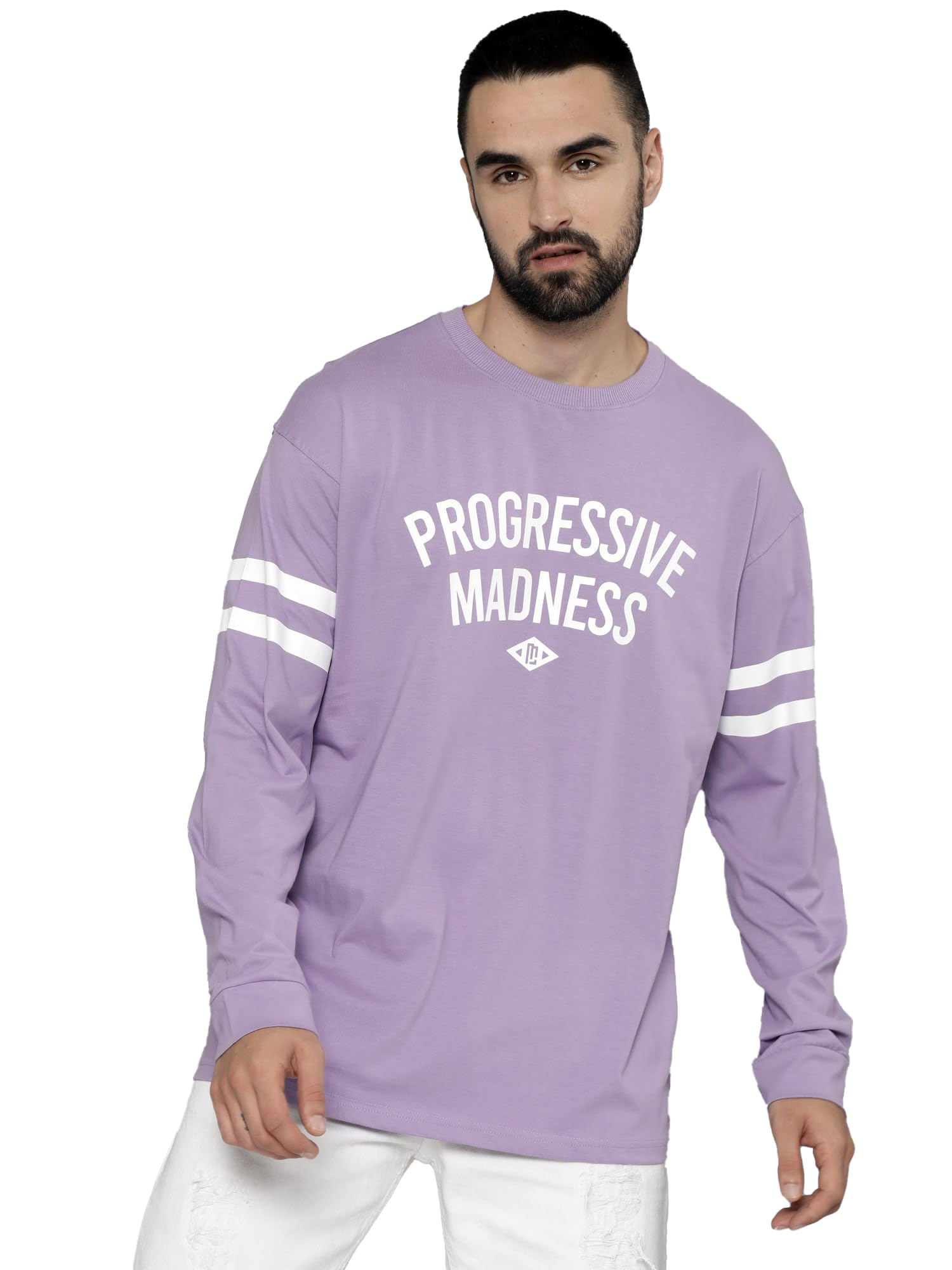ManiacMens Printed Round Neck Full Sleeve Cotton Oversized T-Shirt