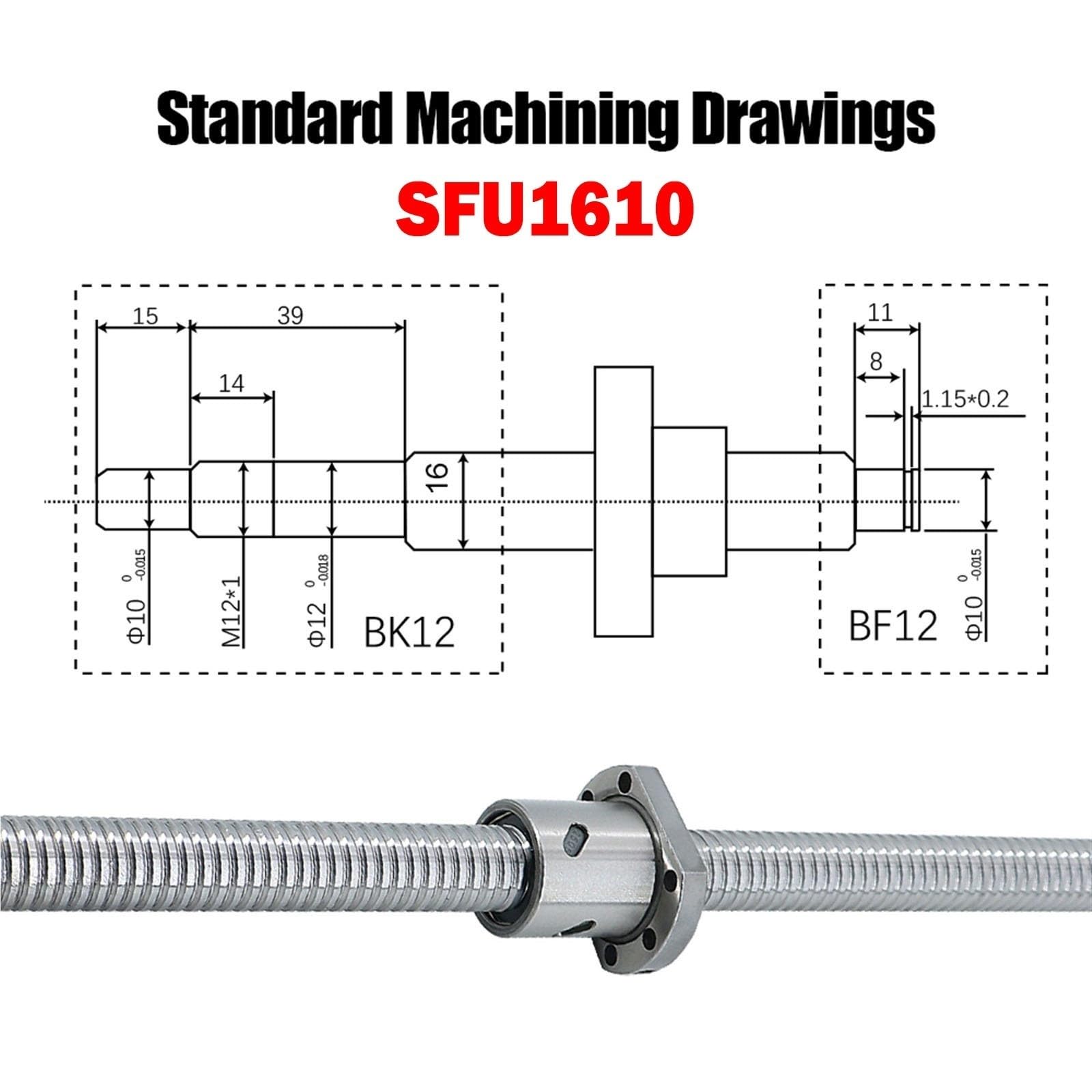 GTPBAO Kugelumlaufspindel SFU1610 der Güteklasse C3 mit Kugelmutter, Rechtsgewinde, BK12, BF12, Ende bearbeitet, hochpräzise Spindelstange mit linearer Bewegung Bewegungsschiene(550mm 21.65" long)
