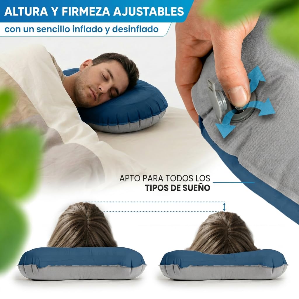 NORDMUT® Almohada de Camping Inflable [SoftSleep+] Almohada cómoda Ultraligera-pequeño tamaño – Inflable con Funda Lavable (Azul)