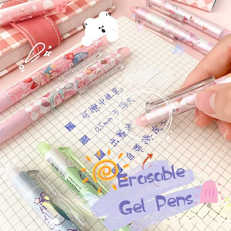 Miniatura 4 de 6 bolígrafos kawaii borrables con borradores, bonitos bolígrafos de gel con estampado de dibujos animados kawaii de 0.020 in, bolígrafos de tinta