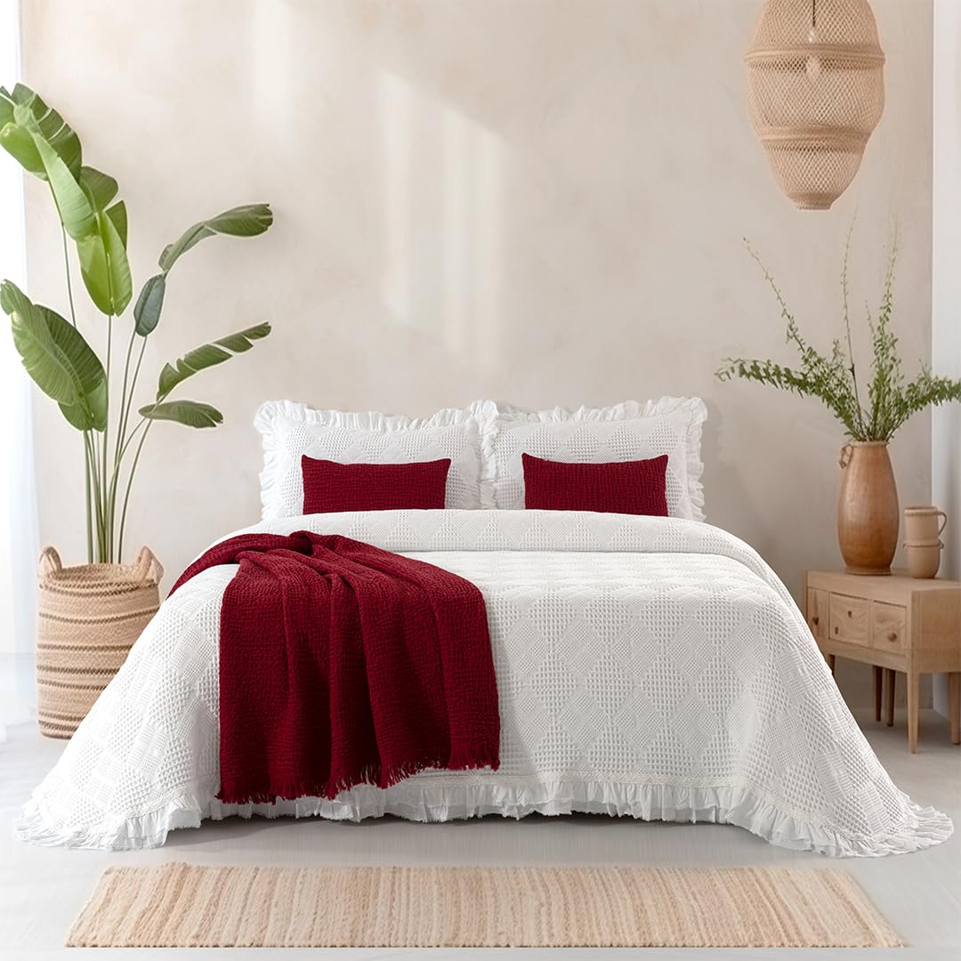 Casa da Laura - Colcha de Algodón Blanco con Volante - Colcha 280x260 para Cama de 200 - Colcha Elegante Clara