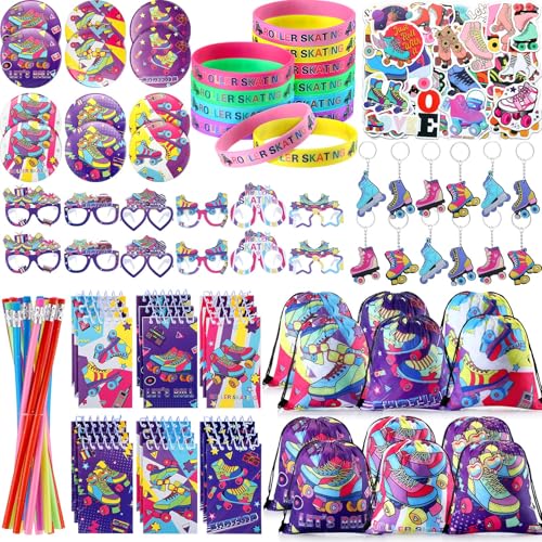 Tellingyou 140 Pcs Roller Skate Party Favors Includes 12 Drawstring Backpacks 12 Silicone Wristbands 12 Badges 12 Keychains 18 Notepads 12 Pencils 12 Slap Bracelets 50 Stickers for Retro Hip Hop Party