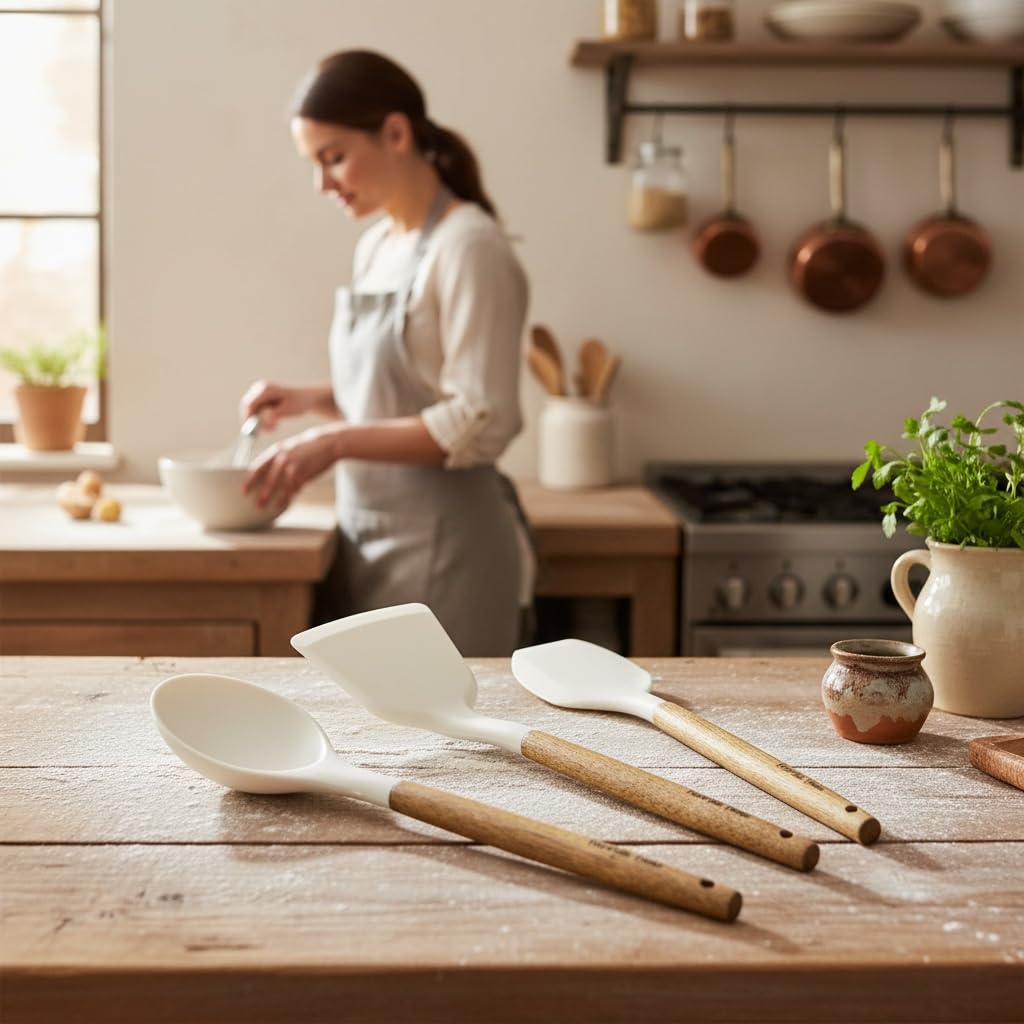 Ahşap Saplı 3'lü Silikon Mutfak Gereçleri Seti - Isıya Dayanıklı Yanmaz Yapışmaz Spatula ve Servis Kaşığı Takımı, Ergonomik Tasarım