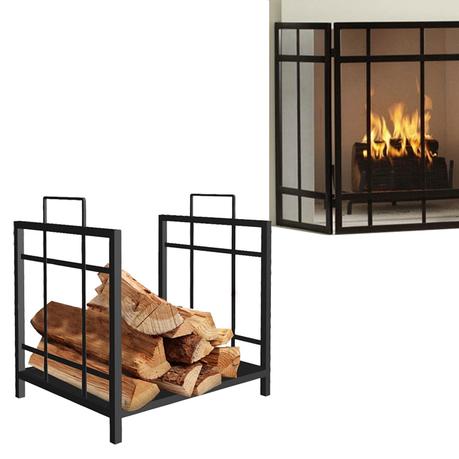 Culle portalegna Impilatore per Legna da Ardere Autoportante 43x33x45cm, Rack di Ventilazione per Legna da Ardere in Ferro Battuto, Abbinato allo Schermo del Camino, Facile da Montare
