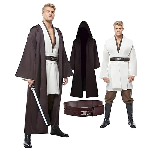Men's Tunic Cosplay Costume Adults Outfits Halloween Robe Hooded Uniform Full Set - 3X-Large - White