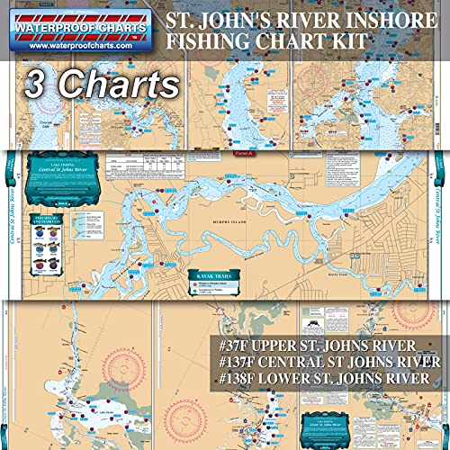 Fishing Accessories - St. Johns River Chart Kit - Inshore Fishing, 3 Chart Bundle, Inshore Fishing Locations, Easy-to-Read, Large Print, Waterproof Paper, Tear Resistant, Printed on two sides, 2 charts in 1, NOAA Charts