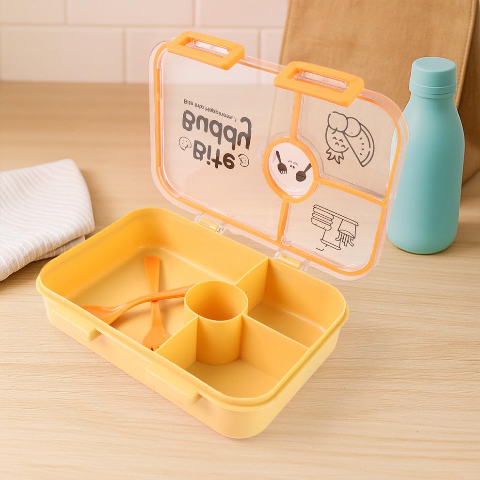 Image of Bite Buddy 4 Compartment Leak Resistant Plastic Lunch Box with Spoon Fork Office School Travel Tiffin Food Storage Daily Meal Organizer