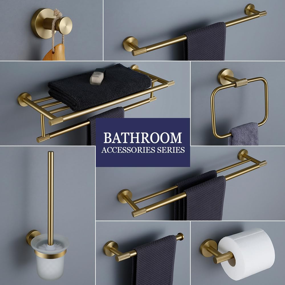 Toallero de oro cepillado moleteado para toallero, gancho para bata, soporte de papel, soporte para cepillo de inodoro, accesorios de baño, kit, 45