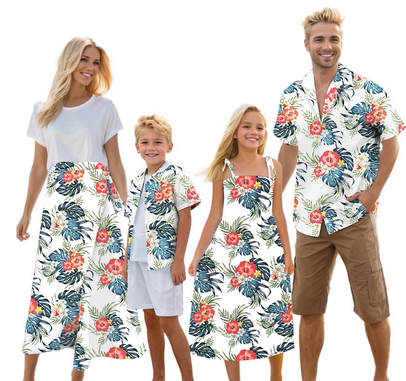 Image of Cromoncent Matching Hawaiian Outfits for Family, Dad and Son Matching Luau Beach Tropical Shirts Mommy Daughter Tropical Sets