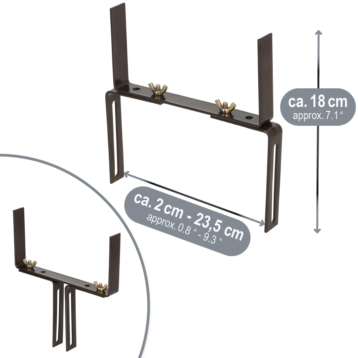 com-four® 16x Supporto per fioriere per parapetti e ringhiere di balconi - Fissaggio Flessibile in Metallo per fioriere - Regolabile in 2 direzioni - Senza Foratura (16 Marrone)