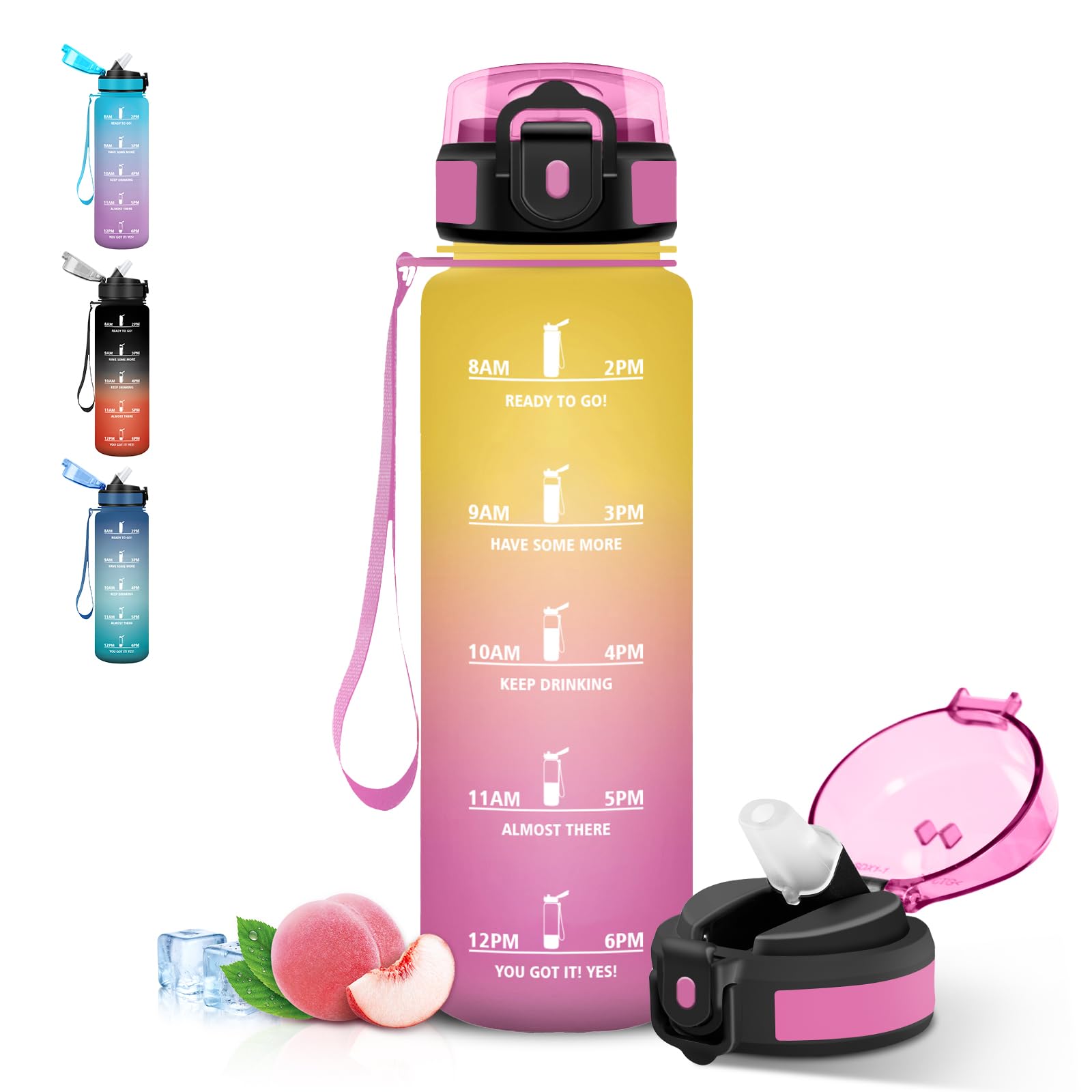 Grsta Borraccia 1 litro, A Prova di Perdite Borraccia Palestra, Bottiglia Motivazionale, con Cannuccia, Borracce con Indicatore del Tempo per Escursionismo, Ufficio, Corsa