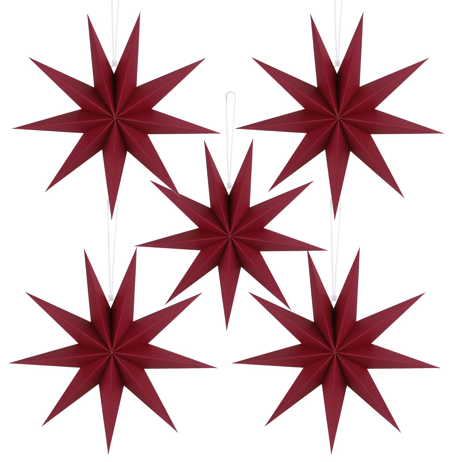 12 Inches 5 PCS Wine Red Paper Star Lanterns Christmas Party Decorations Hanging Stars Christmas Party Decorations Wedding Birthday Christmas Home Party Decorations(9 Pointed)
