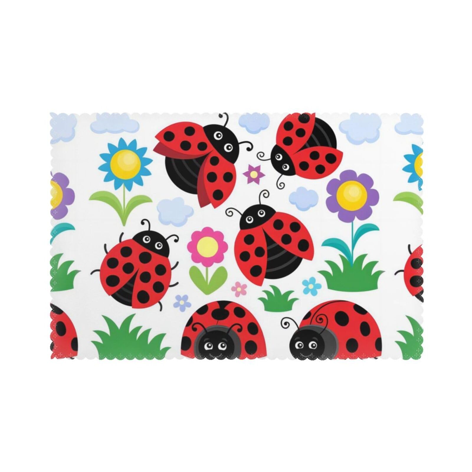YYHWHJDE Cartoon Ladybug Flower Prints Placemats Set of 6 12x18in - Elevate Every Meal with Durable & Customizable Table Layers