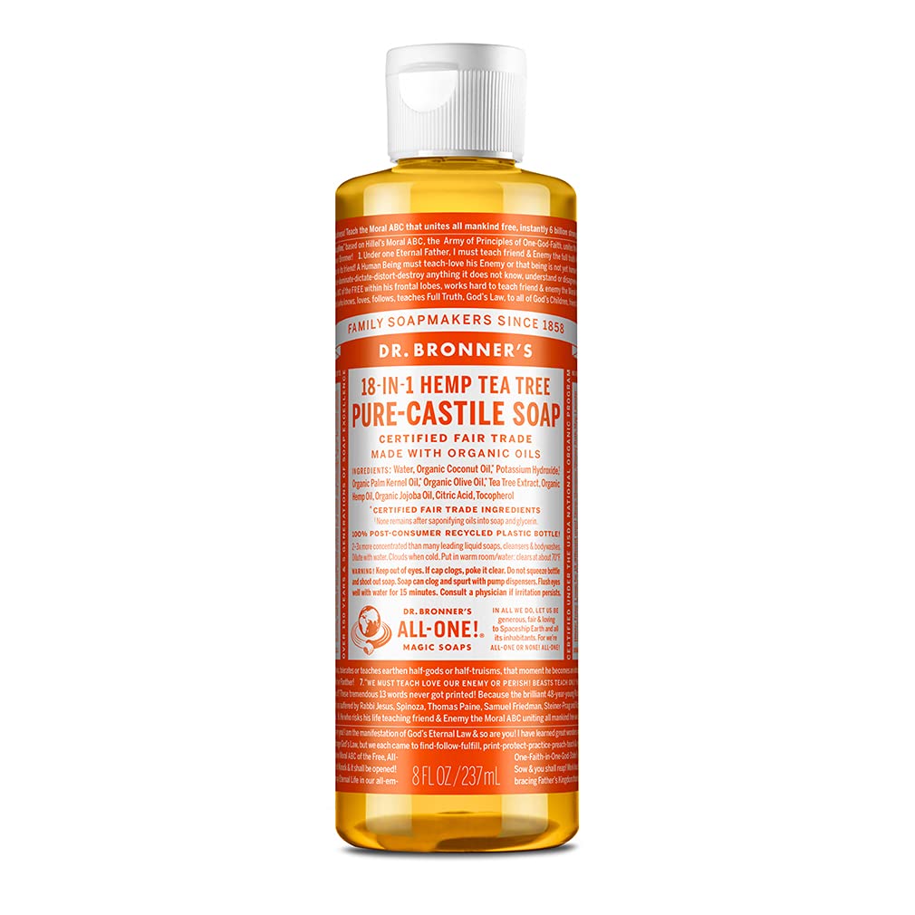 Dr. Bronner’s – Pure-Castile Liquid Soap (Tea Tree, 8 ounce) – Made with Organic Oils, 18-in-1 Uses: Acne-Prone Skin, Dandruff, Laundry, Pets and Dishes, Concentrated, Vegan, Non-GMO