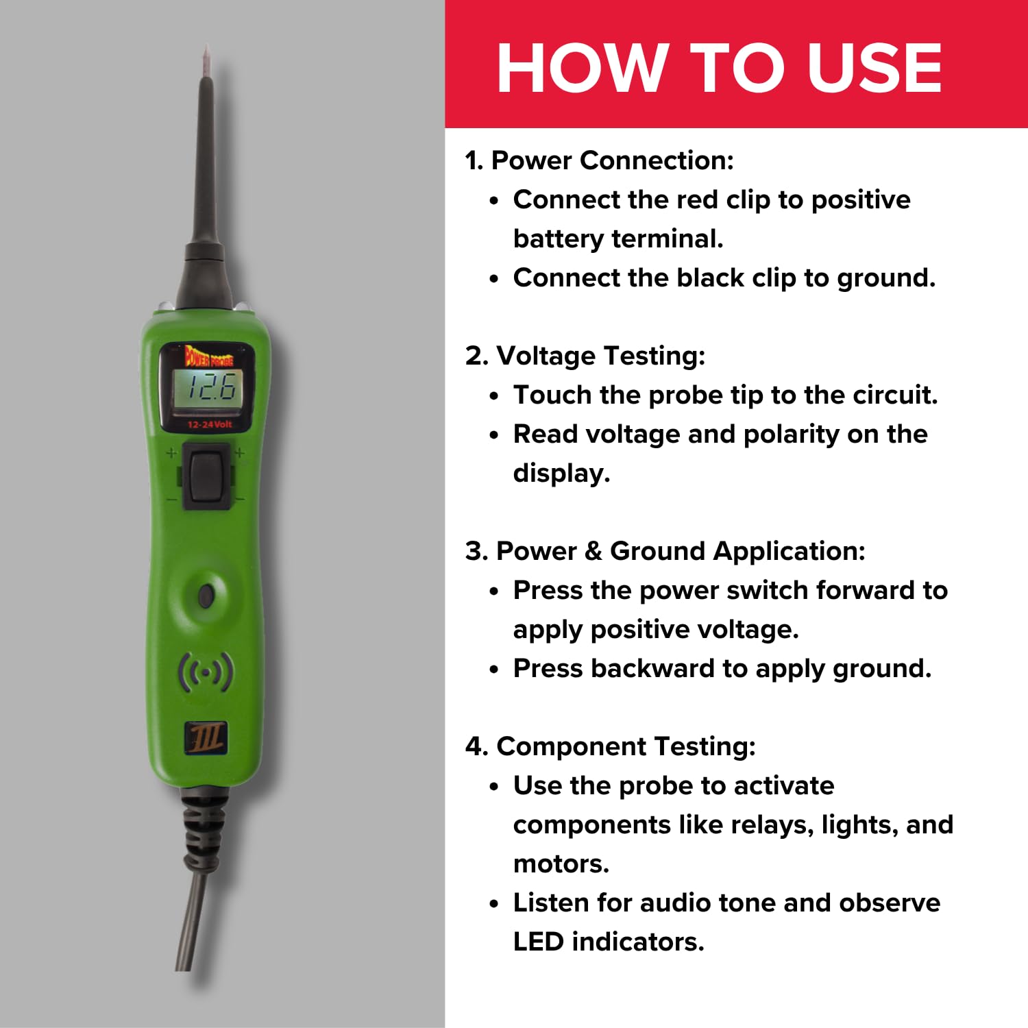 Powerprobe 3 Comprobador de Circuitos Eléctricos Automoción Coche Taller Mecanico 12-24V Multimetro Digital Activa Componentes suministrando Corriente y Tierra y verifique su Continuidad PP3CSGRN