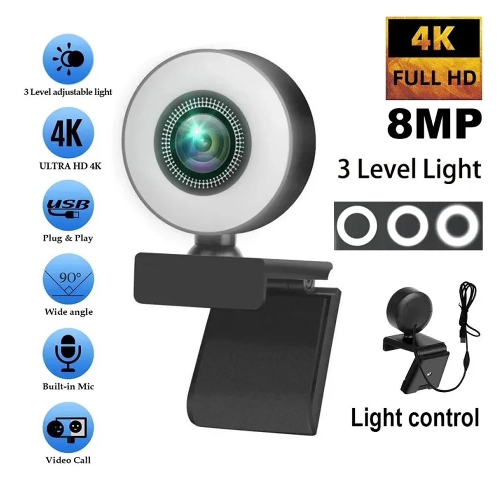 Webcam 4K Mini cámara Webcam Full HD con Anillo de luz de Relleno micrófono USB transmisión en Vivo(4K)