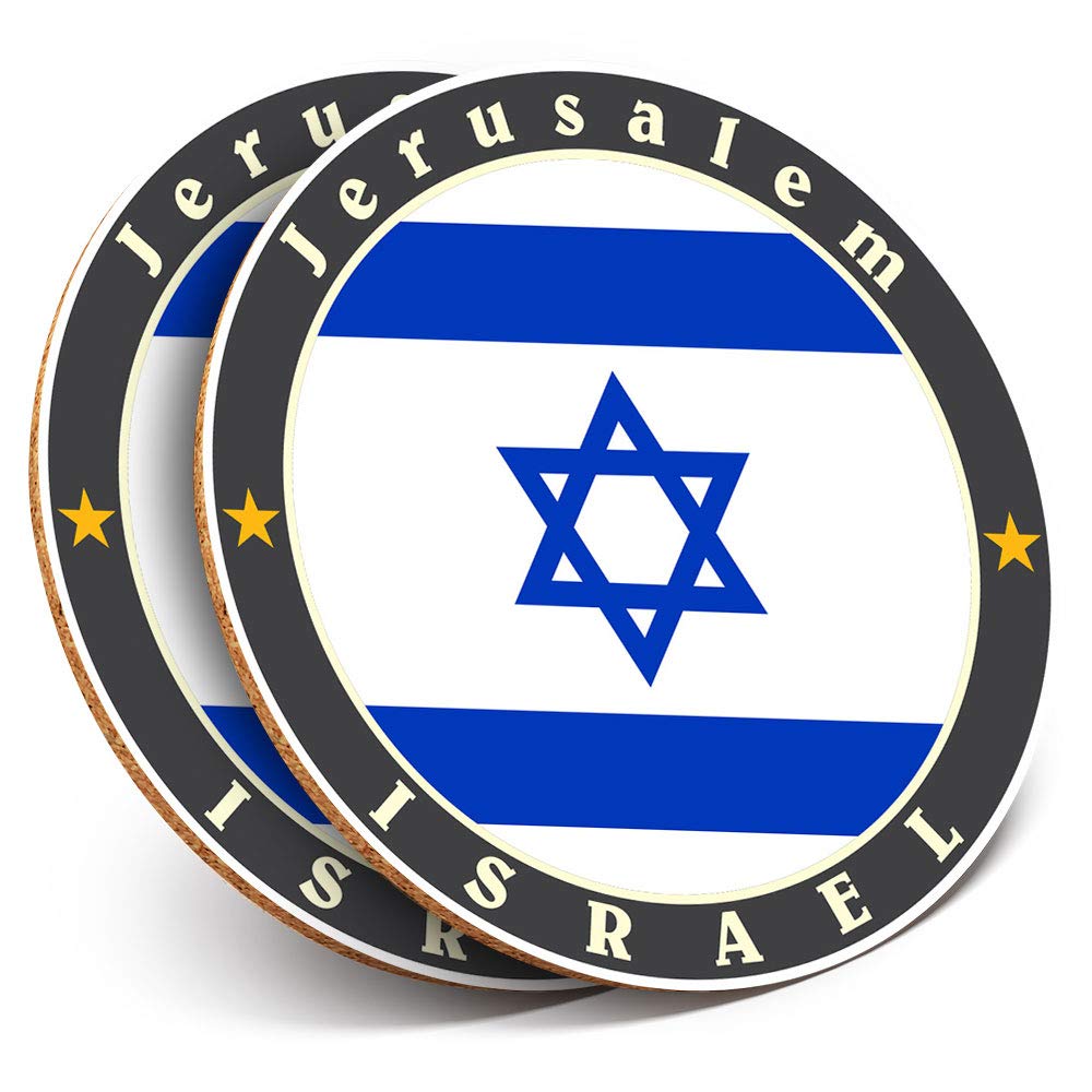 Destination Vinyl Ltd Multicolor 2 X Round Coasters - Jerusalem Israel Flag Map Travel - Cork Backed Home Kitchen Accessory Tea Coffee Mug Mat #5618