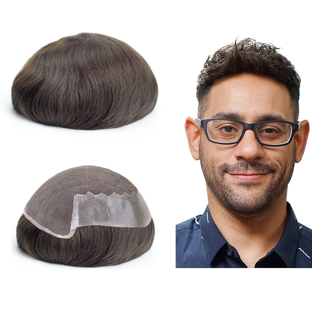 Lordhair Mens Hair Piece French Lace with PU Hai Human Hair Replacement System Natural Hairline 8X10 inches Hair System for Men Medium-light Natural Density (Dark Brown#2)