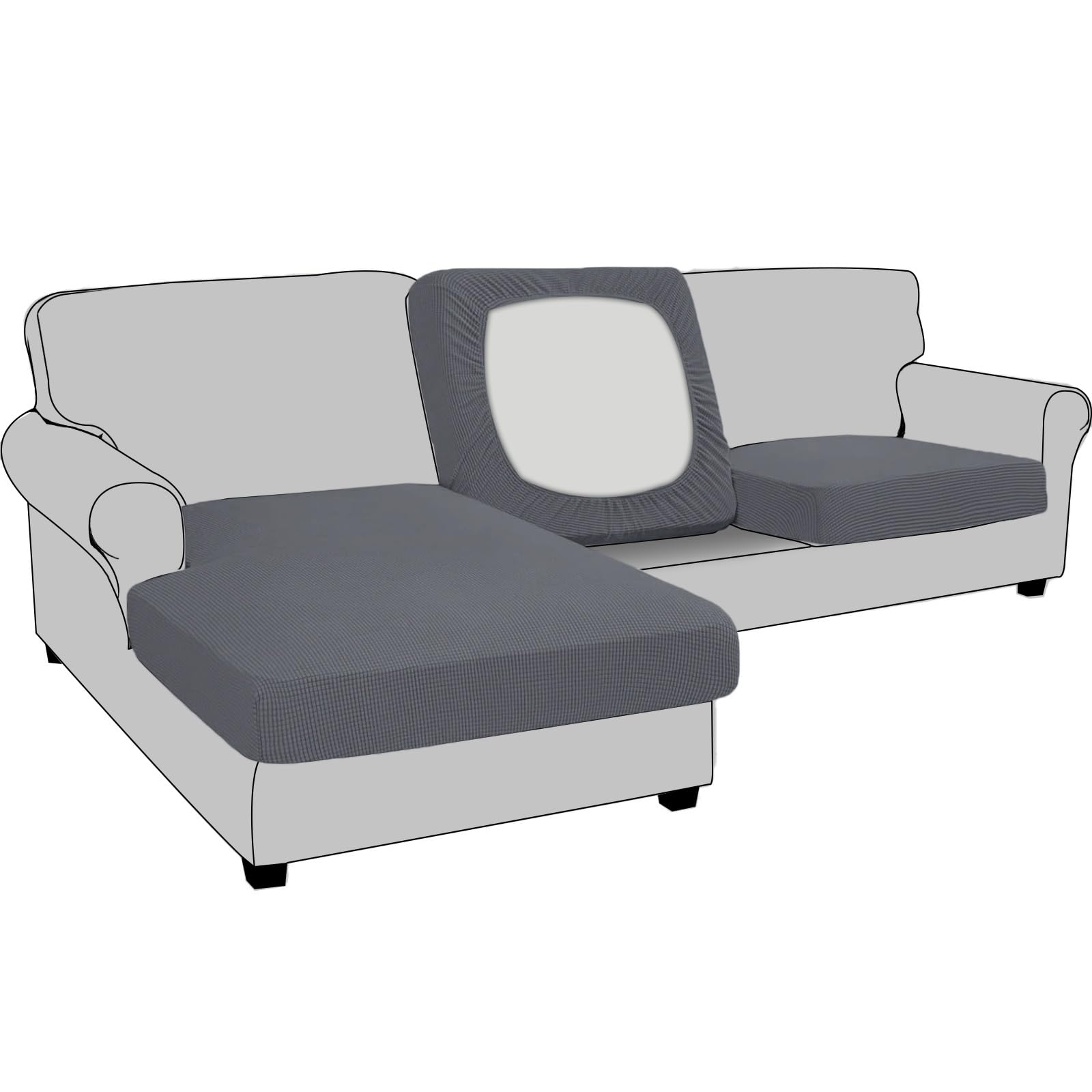 BXFUL Stretch Sofa Seat Cushion Cover Replacement, Fitted Sofa Couch Cushion Covers Furniture Protector, Checks Jacquard Spandex Fabric (3-Seater,Dark Gray)