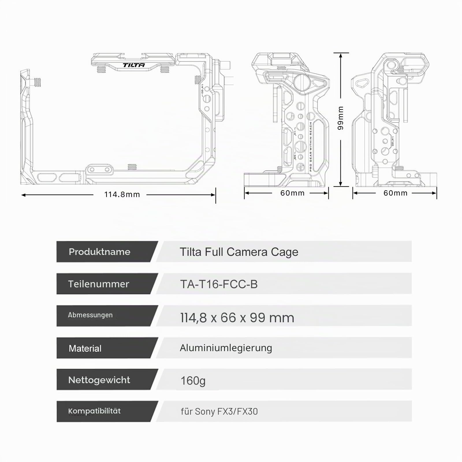 Tilta Full Camera Cage for FX3/FX30 V2 | Top Plate NATO Rail, Cold Shoe, 1/10.2 cm-20 and 3/20.3 cm-16 | Thumb Screw Design | Black
