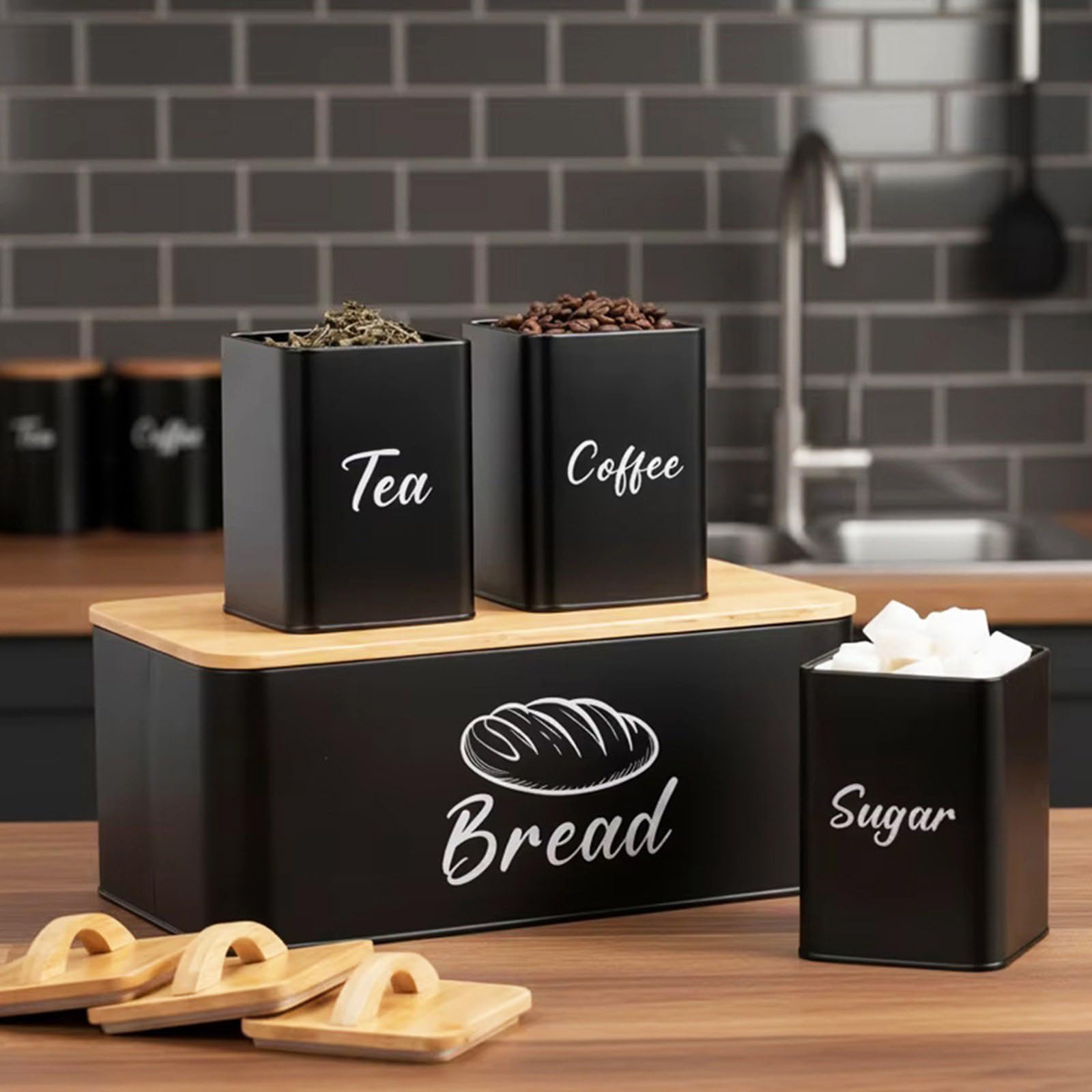 4 Vorratsdosen aus Holz und Edelstahl für Kaffee, Zucker, Brot mit luftdichtem Verschluss, moderne Küchen, Aufbewahrungsdosen für Kaffee, Zucker, Brot