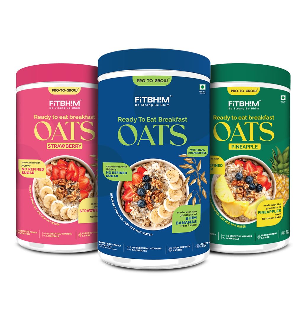 Pro To Grow Fitbhim Oats Combo Pack for Kids & Adults (300g) each | Enriched with Bhim Banana, Real Pineapples & Strawberries | High in Protein & Fibre, Gluten Free with No Refined Sugar (Pack of 3)-image-41