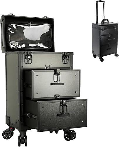 Estuche de tren cosmético multifuncional, caja de almacenamiento de carretilla grande, organizador de cosméticos rodante con 4 ruedas rodantes, para