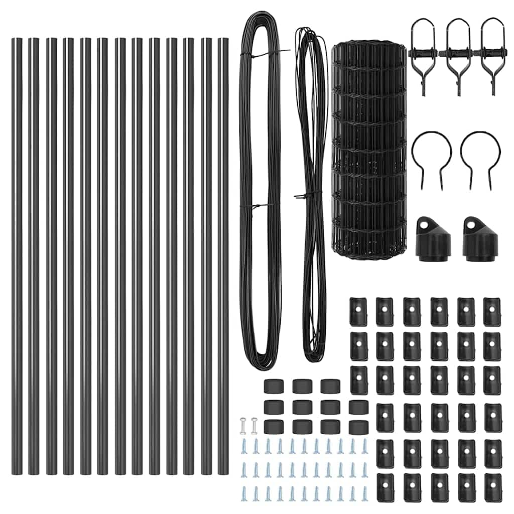 Eurovalla Set 25 m x 60 cm, valla de jardín de acero y PVC, valla de malla de alambre con postes, cuerda tensora y accesorios, valla de alambre para jardín y frontera de parcelas gris