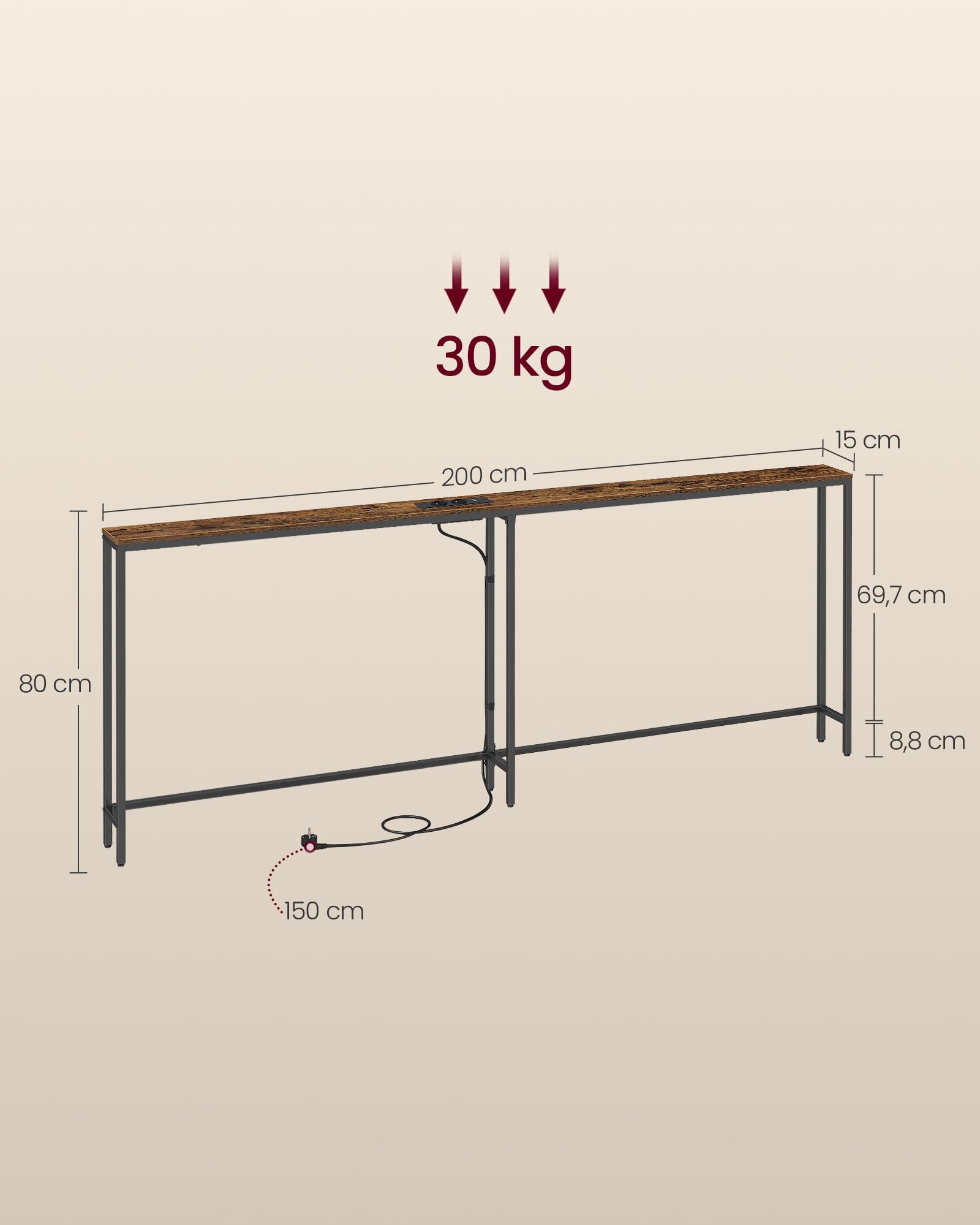 VASAGLE Konsolentisch mit Ladestation, schmaler Sofatisch, Flurtisch, 2 Tischplatten, einfache Montage, für Flur, Wohnzimmer, 15 x 200 x 80 cm, vintagebraun-Mattschwarz LNT077K102