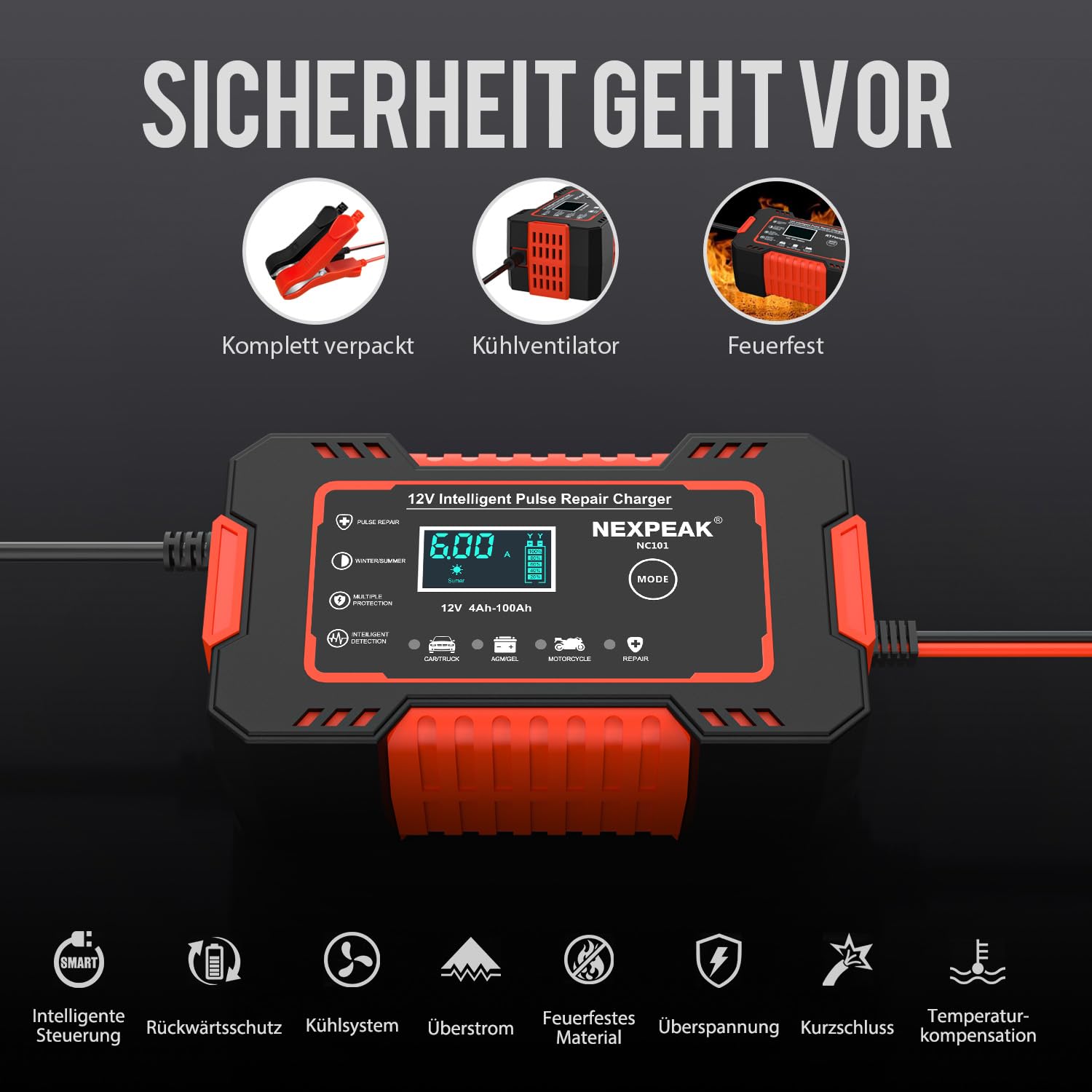 NEXPEAK 6 A Ladegerät für Autobatterie, 6 A, 12 V, intelligentes Ladegerät, Motorrad, automatische Reparaturfunktion, tragbar, Akku-Ladegeräte für Auto, Motorrad, LKW, AGM, Gel, Wet, SLA (rot)