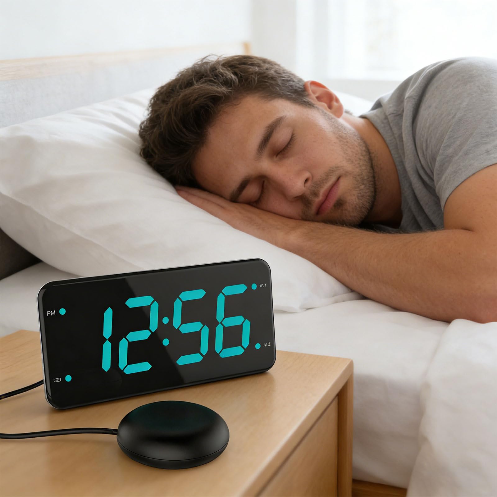 Vibrierende Wecker mit Bettschüttler, 4 Dimmern, 2 Alarmen und Schlummerfunktion für Schlafzimmer, Hörgeschädigte, Gehörlose, Laute Uhren, vibrierende Uhr für schwere Schläfer