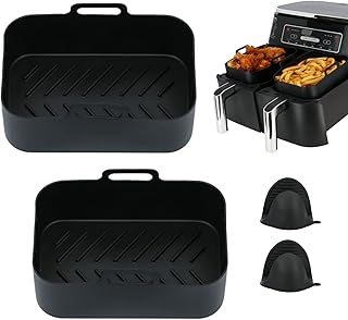 AIR FRIEND 2PCS Air Fryer Silicone Pot Basket For Ninja Dual Air Fryer + 2PCS Heat Protective Gloves | Air fryers Dual Basket | Silicone Air Fryer Liner For Air Fryer, Microwave And Oven | Black