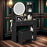 DWVO Makeup Vanity Desk with LED Lighted Mirror, Black Vanity Set with Charger Station, Small Vanity Table for Bedroom, Adjustable 3 Lighting Modes, Makeup Table with Chair