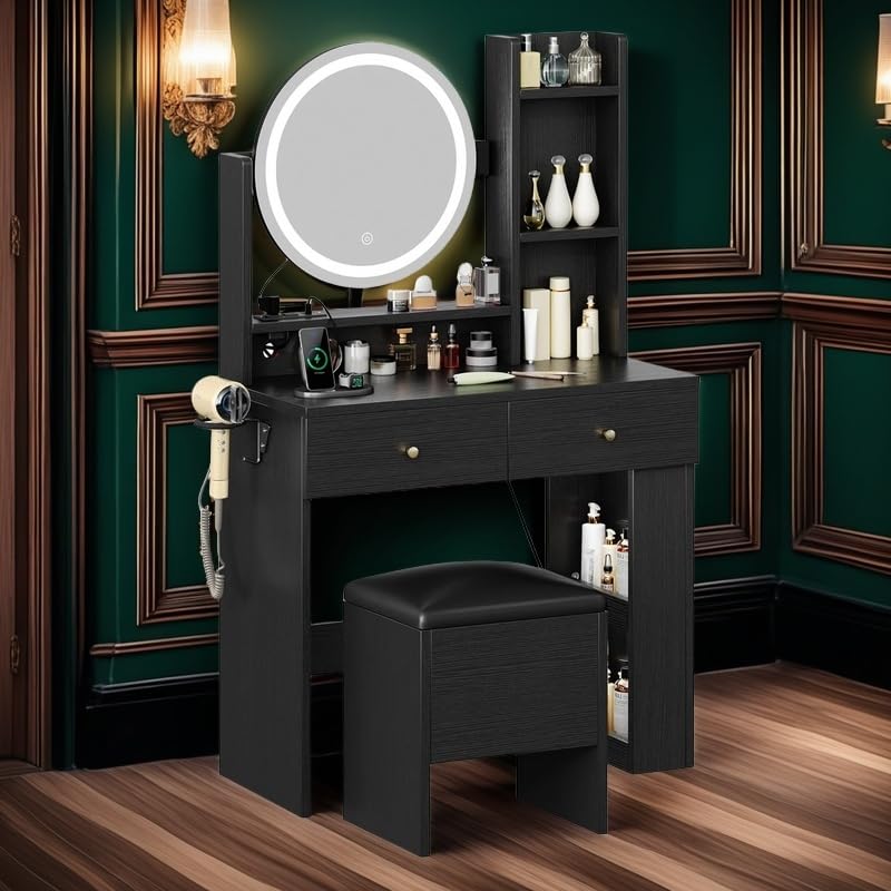 DWVO Makeup Vanity Desk with LED Lighted Mirror, Black Vanity Set with Charger Station, Small Vanity Table for Bedroom, Adjustable 3 Lighting Modes, Makeup Table with Chair