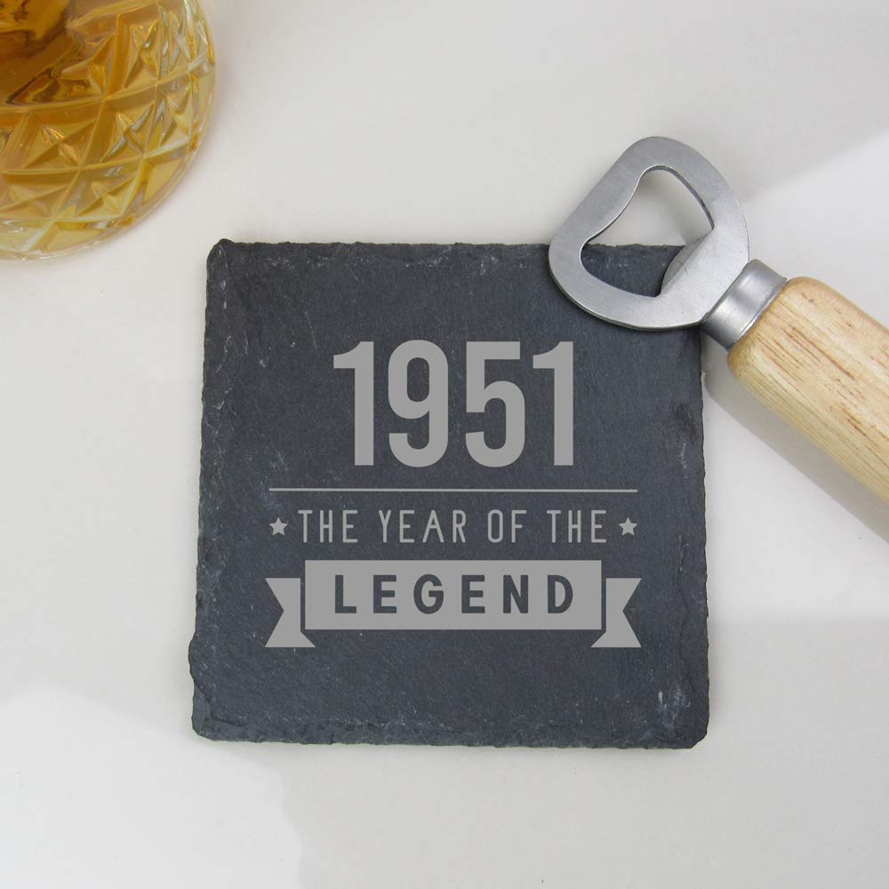 eBuyGB Drinks Mat, Placemat Engraved Square Coaster-1951 Year of The Legend Design-70th Birthday, Men-Seventieth Gift for Dad, Uncle, Brother, Slate