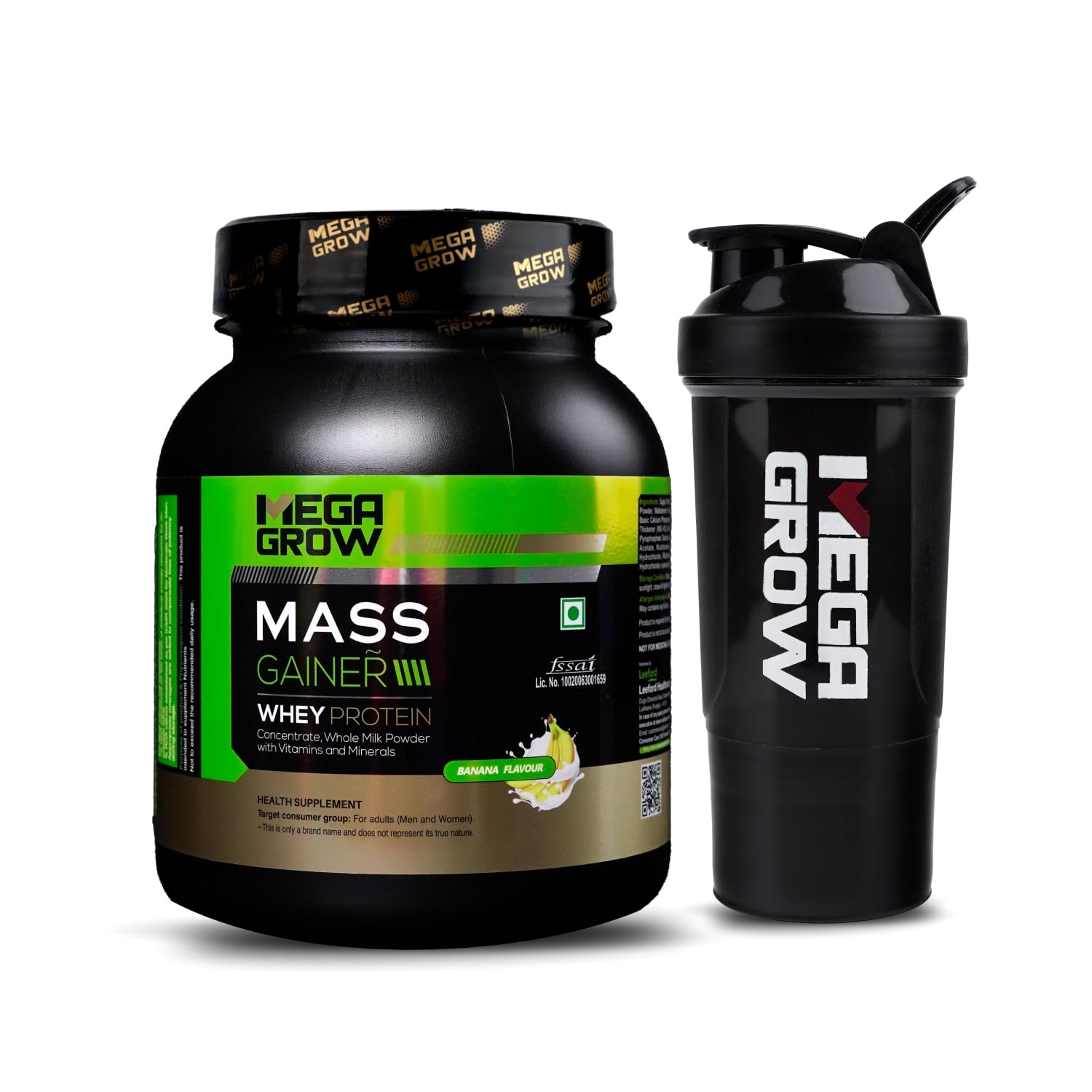Megagrow Mass Gainer Whey Protein Powder 1Kg | 384.5 Kcal Energy, 22.81g Protein, 9g Carbs | High-Calorie Muscle Mass Gainer for Weight Gain, Size & Strength | Banana Flavour