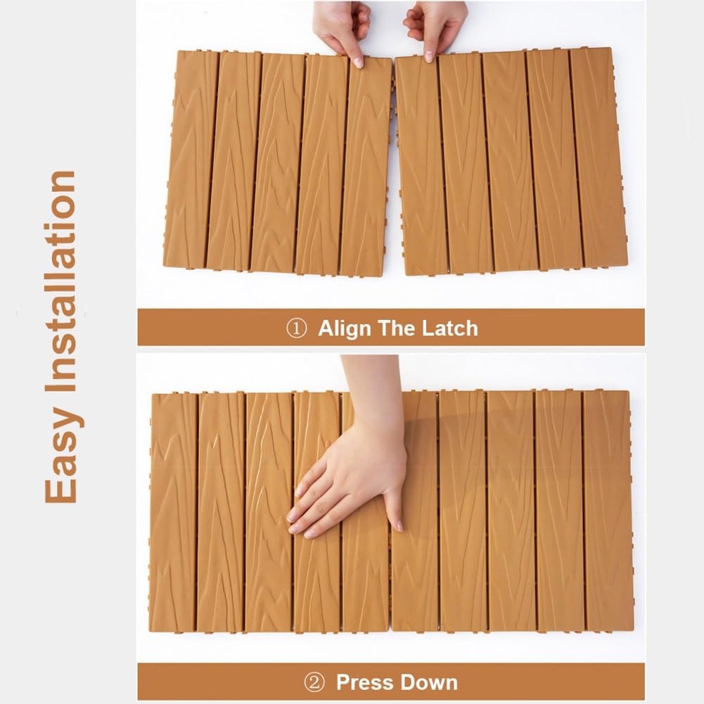 11 Pièces Dalles de Terrasse de Balcon en PVC avec Bois, Caillebotis de Patio Extérieur Imperméable Antidérapant À Clipser pour Porche Piscine, Utilisation par Tous les Temps(Coffee)