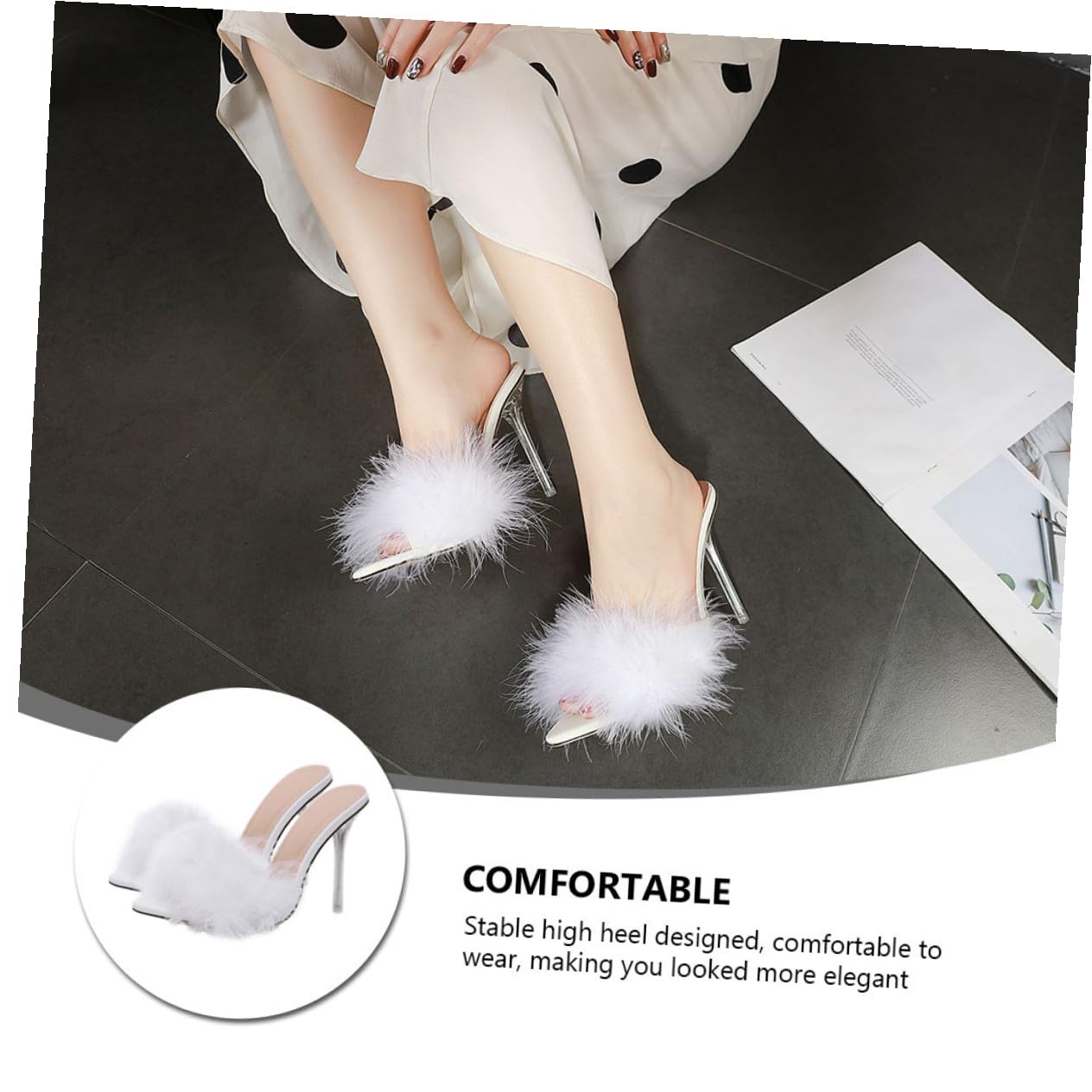 BESTonZON Pantofole Donna Tacco Sottile Bianco, Design Piuma Elegante, Materiale Pvc e Pelle di Maiale, Tacco Stabile per Occasioni Speciali