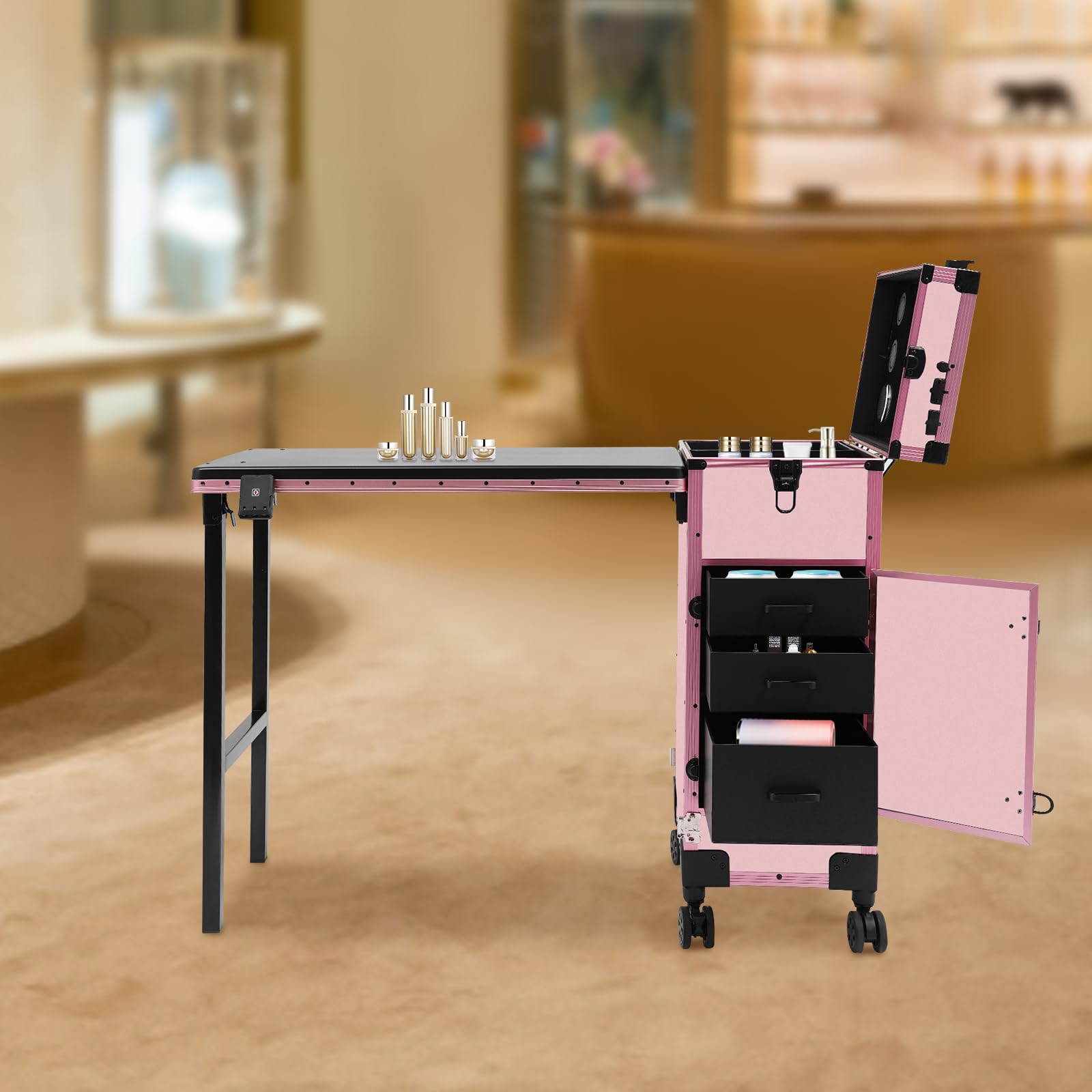 Faltbarer Schönheitstisch, Kosmetikkoffer Trolley, Make-up Koffer Rolling Cosmetic Organizer mit 3 Schubladen, Spiegel, Licht und Bluetooth für Home Spa Beauty Salon Draussen Hochzeits Make-up